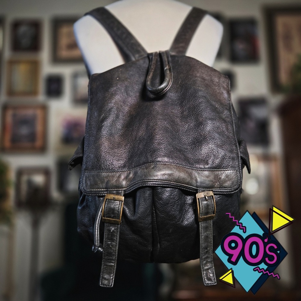 Black Leather Backpack Vintage 90s Distressed Rucksack Buckle Large Goth Bag